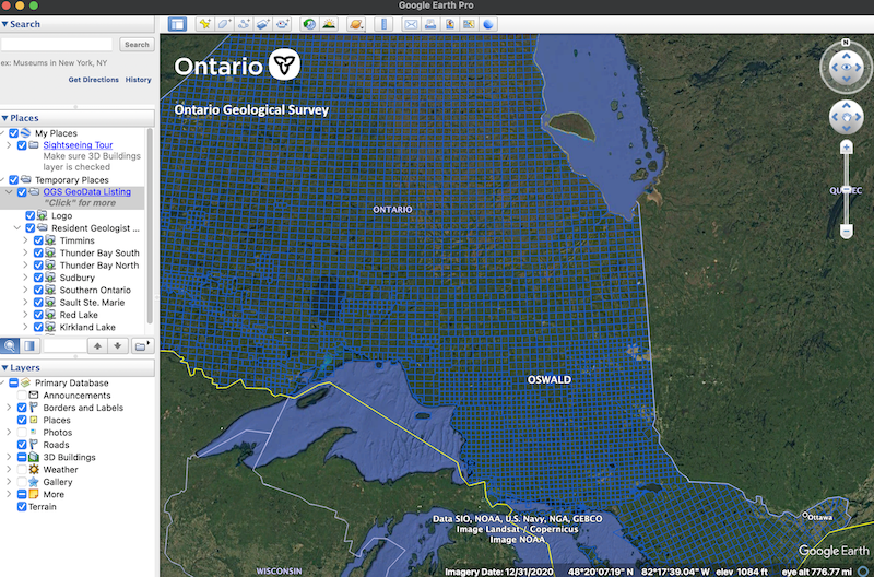 Google Earth view of the mineral exploration sites in Ontario