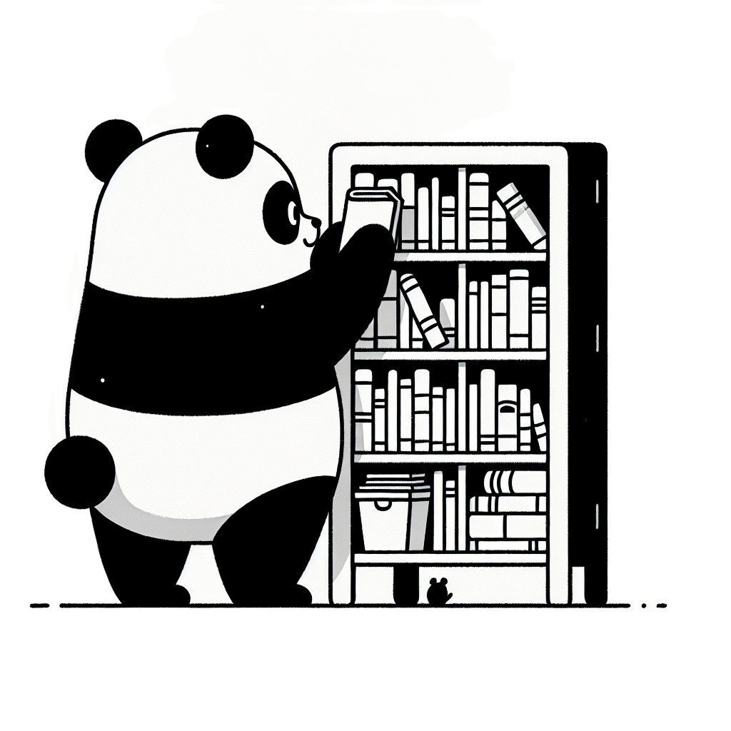 A panda organizing books